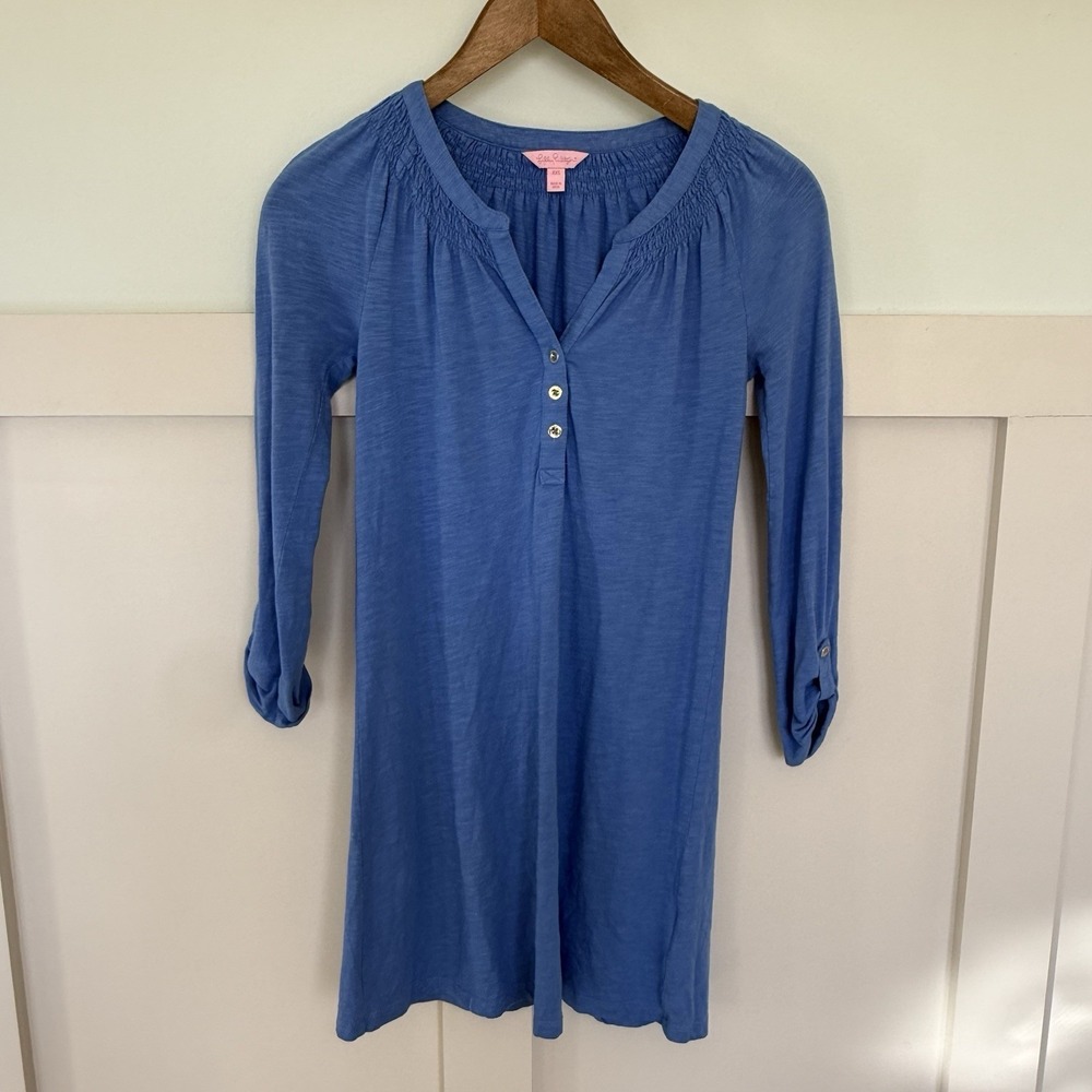 LILLY PULITZER Essie Mini Tunic Dress‎ XS Blue Smocked Cotton Modal Beach NOTES